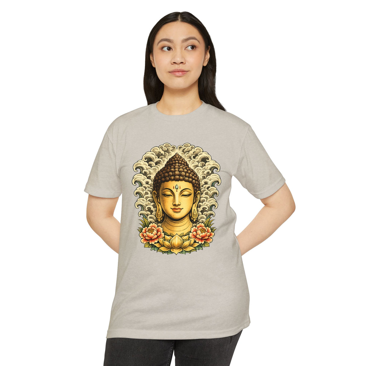T-Shirt, Short Sleeve Boxy Crew Neck - Buddha Head Floral