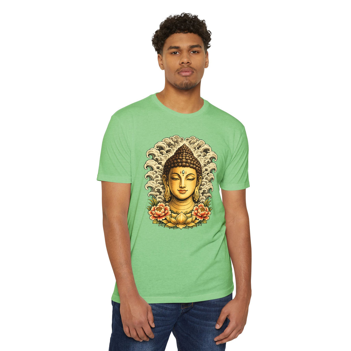 T-Shirt, Short Sleeve Boxy Crew Neck - Buddha Head Floral
