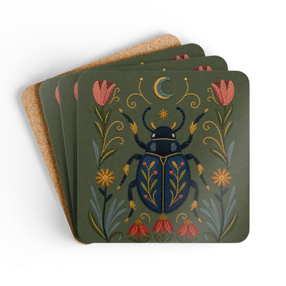 Coaster Set , Cork (4-Pack) - Floral Scarab Beetle & Moon