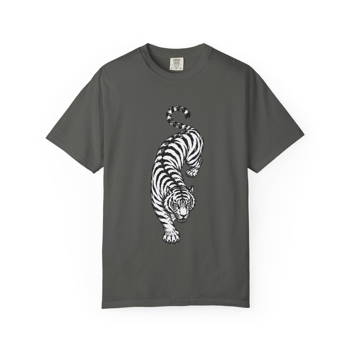 T-Shirt, Short Sleeve Boxy Crew Neck - Black & White Tiger