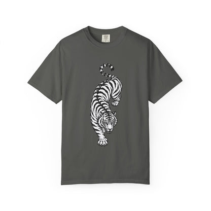 T-Shirt, Short Sleeve Boxy Crew Neck - Black & White Tiger