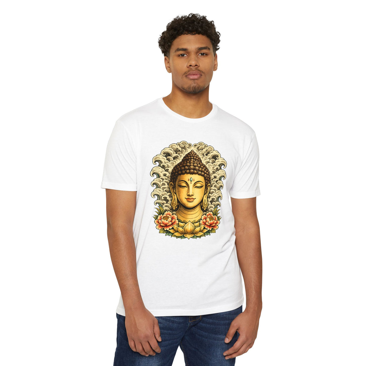 T-Shirt, Short Sleeve Boxy Crew Neck - Buddha Head Floral