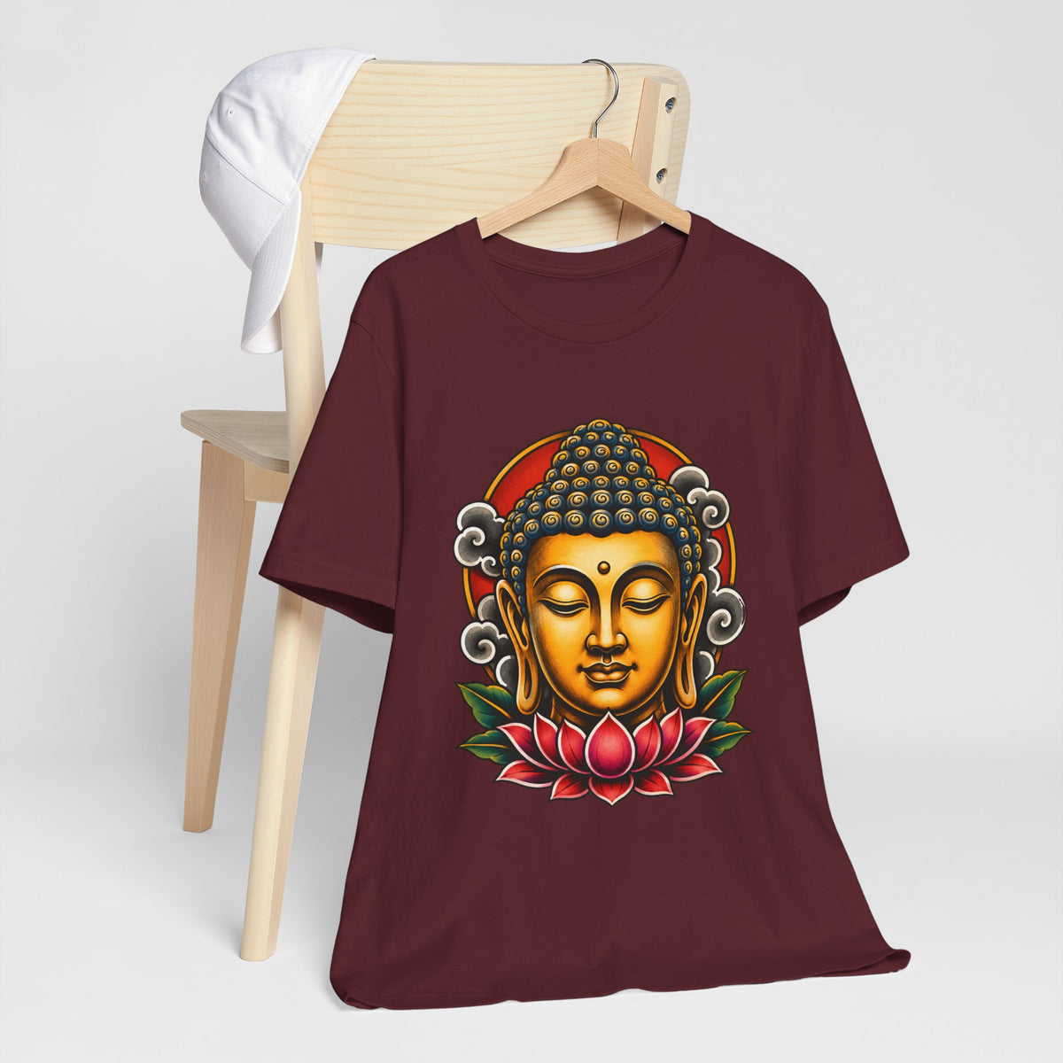 T‑Shirt, Short Sleeve Boxy Crew Neck - Golden Buddha Head with Lotus