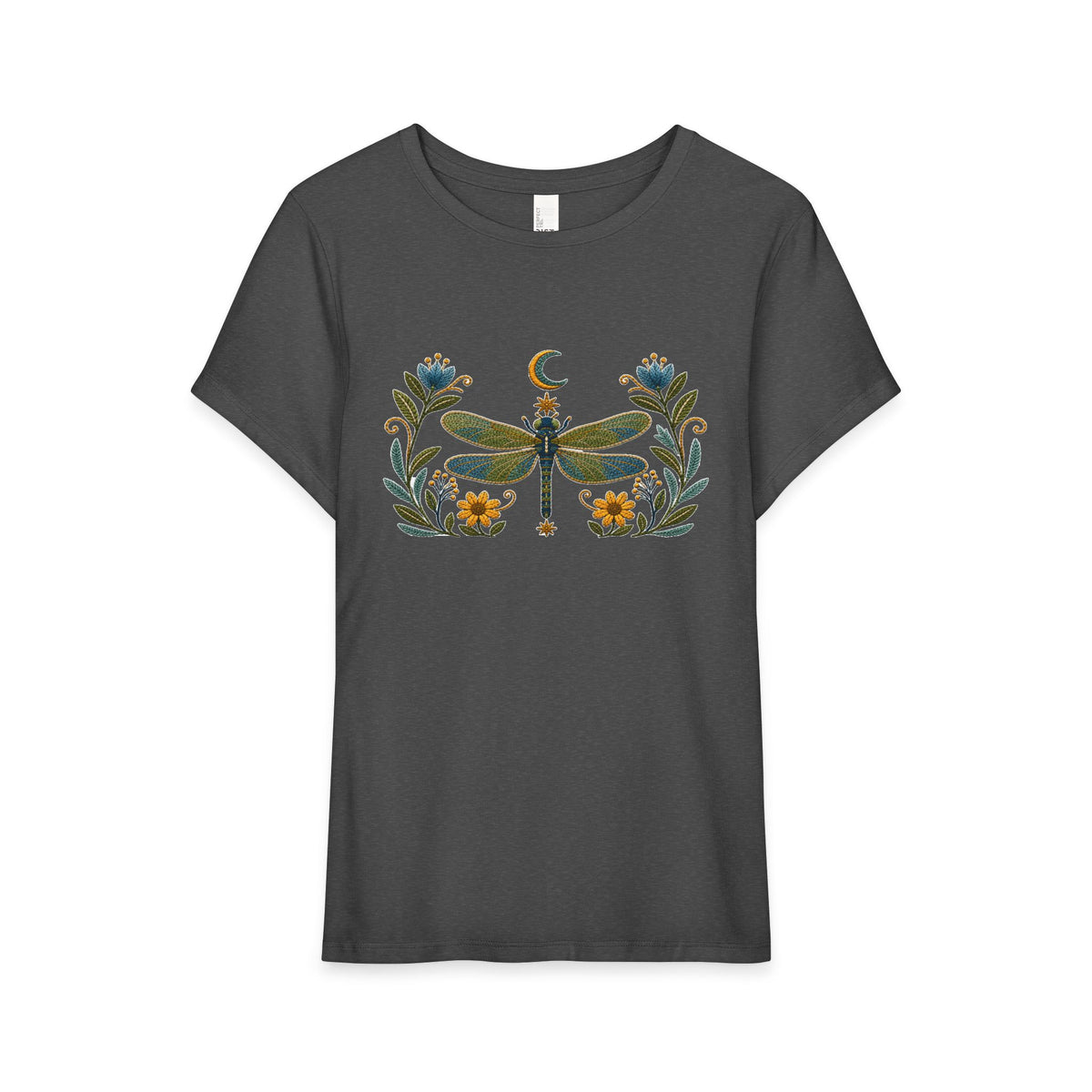 T-Shirt, Short Sleeve Wide Neck Relaxed Fit - Floral Dragonfly & Moon