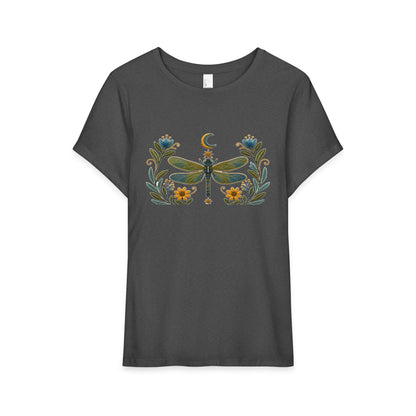 T-Shirt, Short Sleeve Wide Neck Relaxed Fit - Floral Dragonfly & Moon