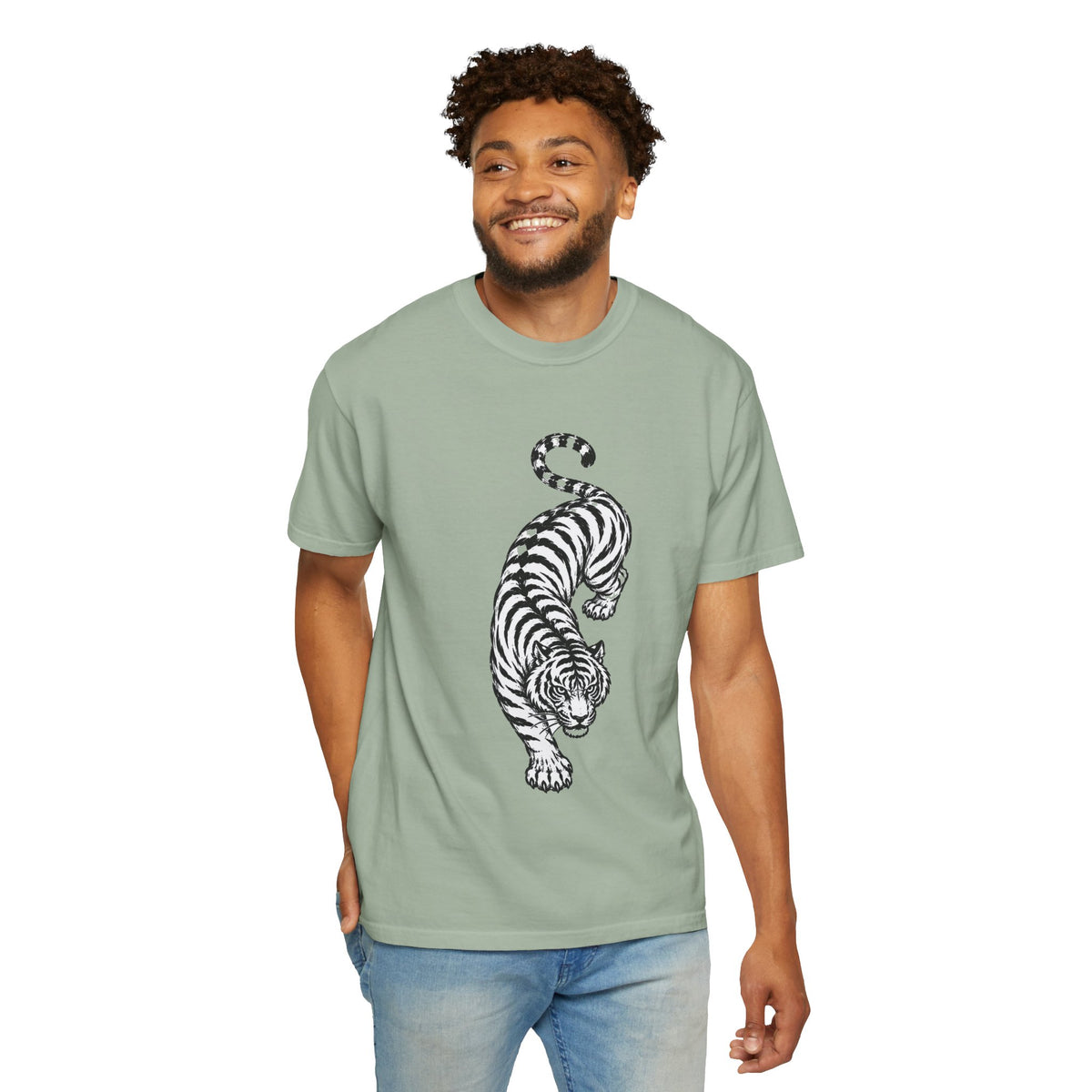 T-Shirt, Short Sleeve Boxy Crew Neck - Black & White Tiger