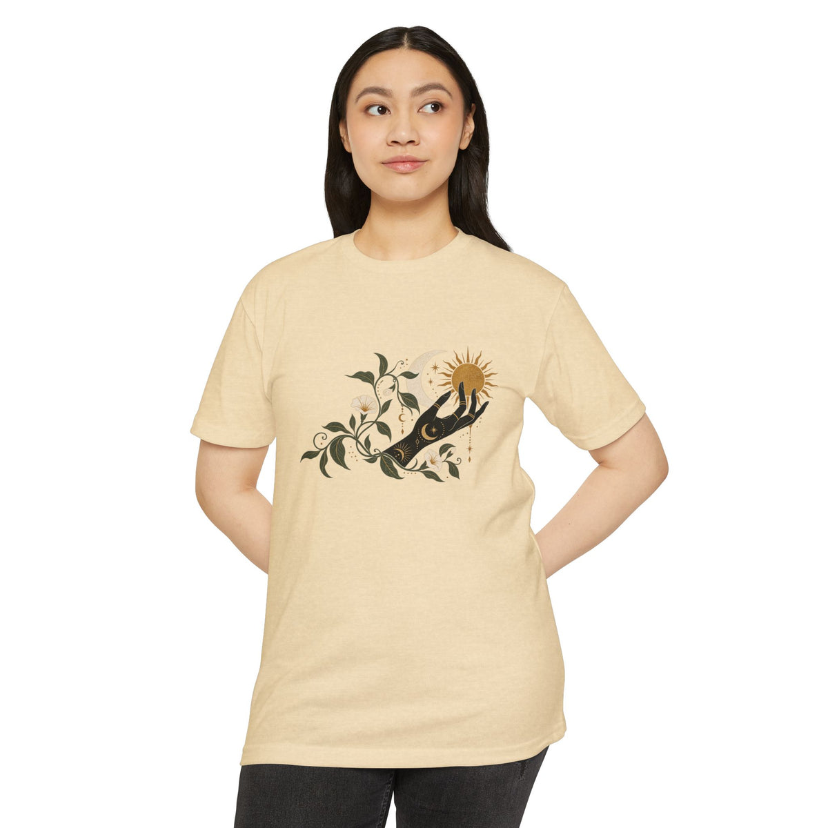 T-Shirt, Short Sleeve Boxy Crew Neck - Botanical Hand Reaching for the Sun