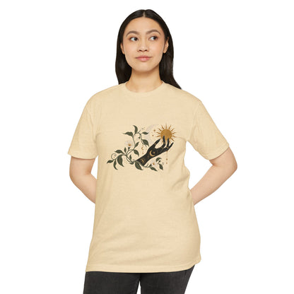 T-Shirt, Short Sleeve Boxy Crew Neck - Botanical Hand Reaching for the Sun