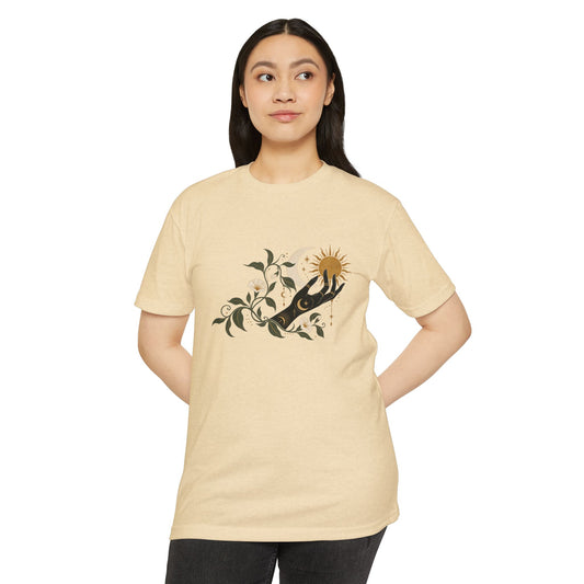 T-Shirt, Short Sleeve Boxy Crew Neck - Botanical Hand Reaching for the Sun