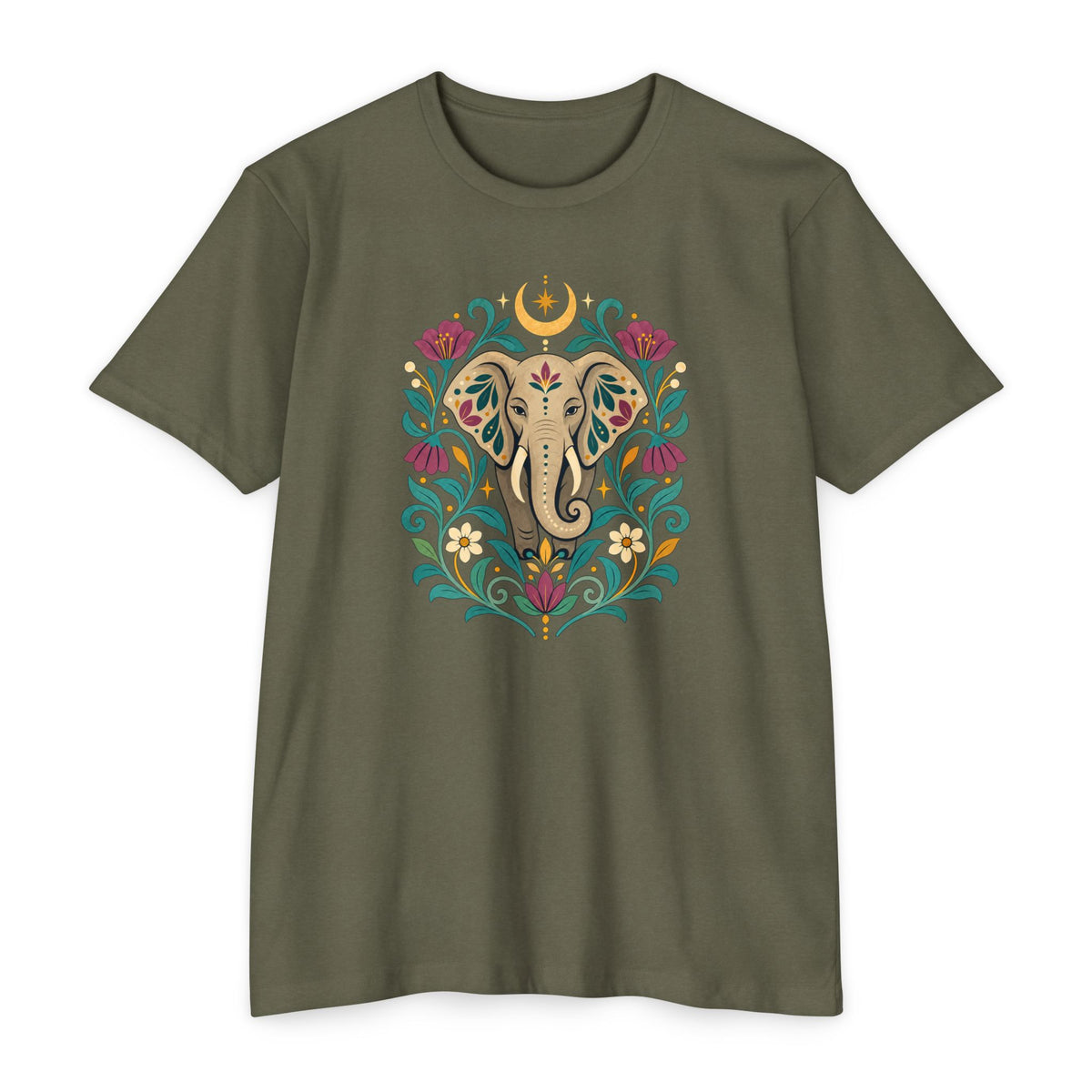 T-Shirt, Short Sleeve Boxy Crew Neck - Boho Indian-Inspired Elephant Floral