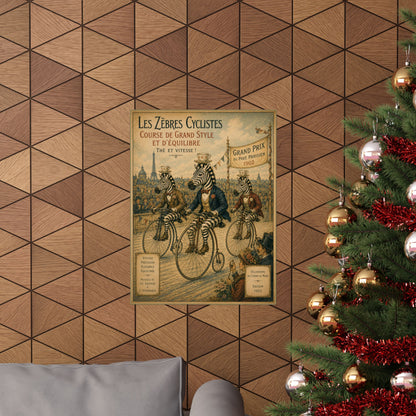 Vintage Zebra Cyclists Poster Matte Vertical Poster | Antique Bicycle Race Art