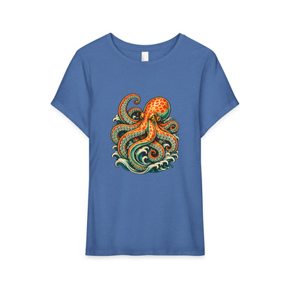 T-Shirt, Short Sleeve Boxy Crew Neck - Octopus Wave