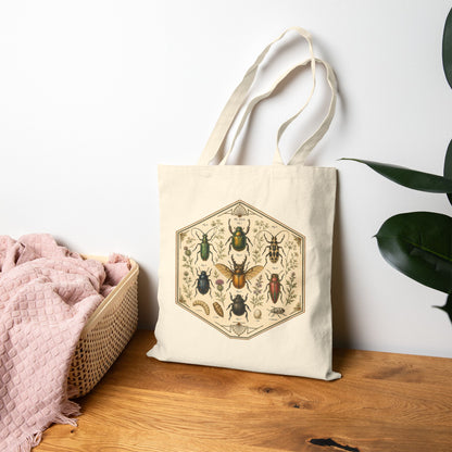 Vintage Entomology Beetle Print Canvas Tote Bag