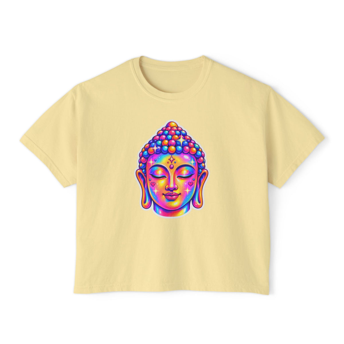 T-Shirt, Short Sleeve Boxy Crew Neck Cropped - 1980s Buddha Head
