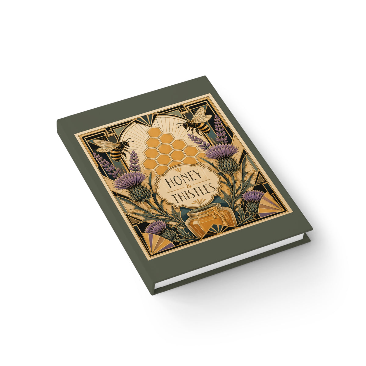 Journal Notebook, Hardback Blank -Honey & Thistles Botanical Bee (sage green)