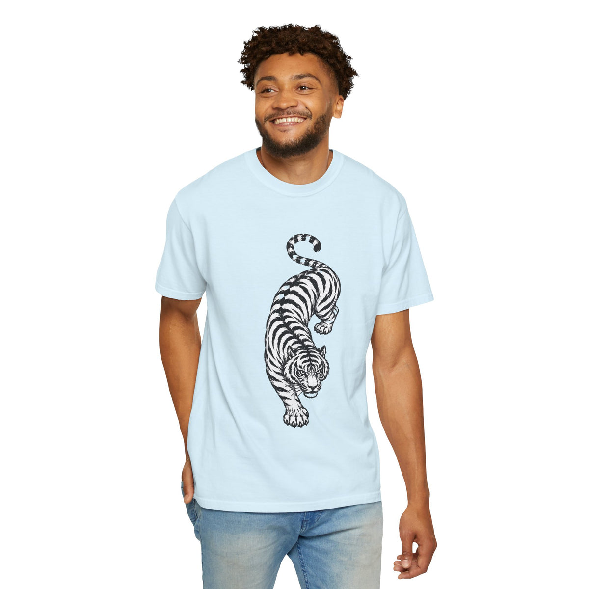 T-Shirt, Short Sleeve Boxy Crew Neck - Black & White Tiger