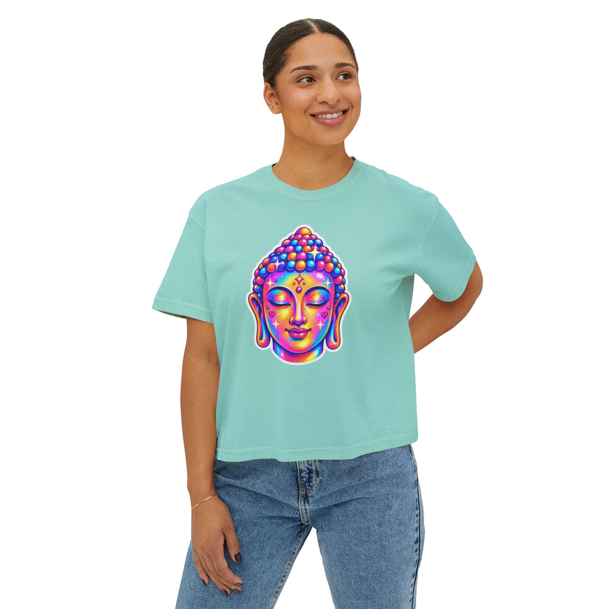 T-Shirt, Short Sleeve Boxy Crew Neck Cropped - 1980s Buddha Head
