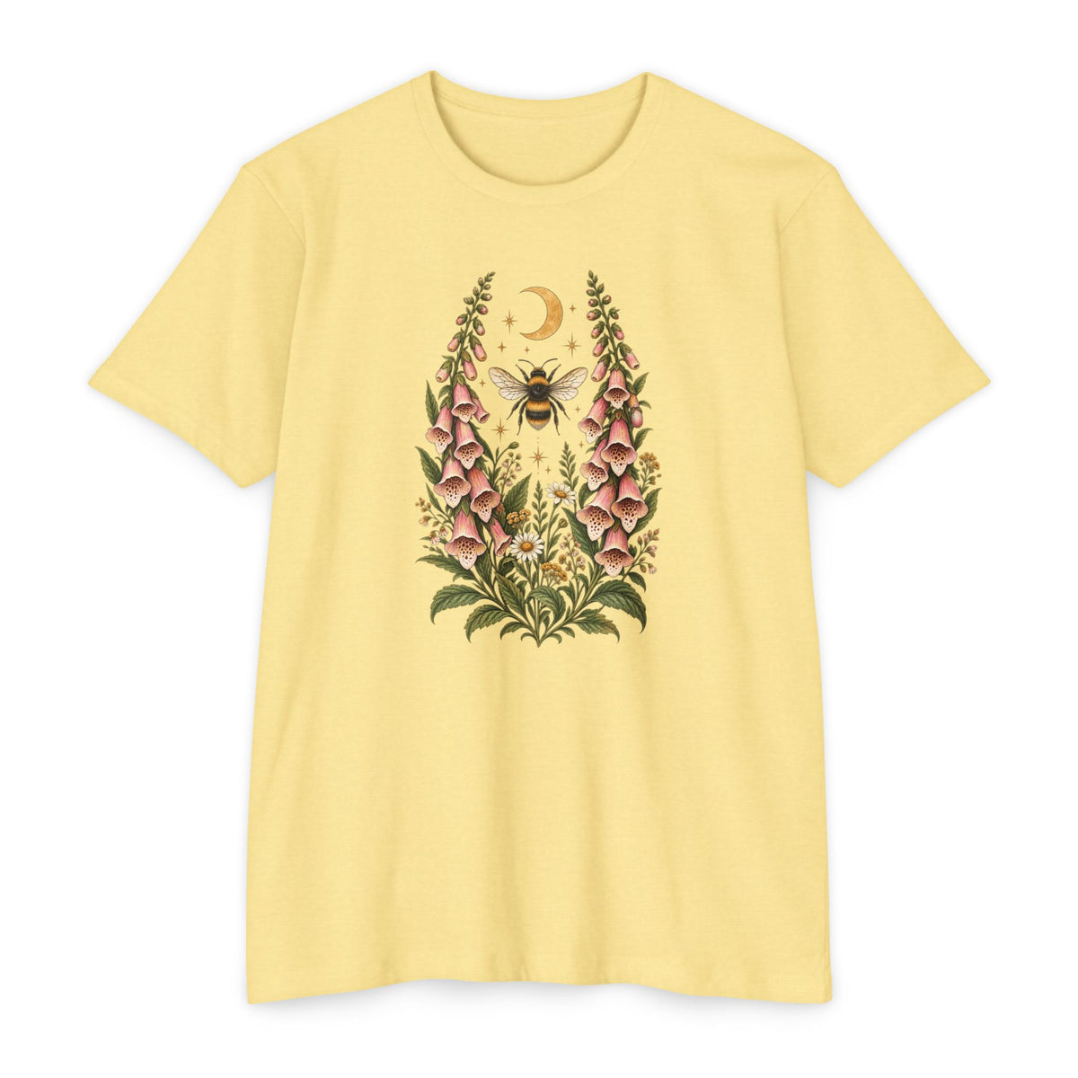 T-Shirt, Short Sleeve Boxy Crew Neck - Bee & Foxglove Vintage Floral Moon