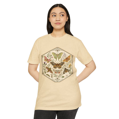 T-Shirt, Short Sleeve Boxy Crew Neck - Moth & Botanicals Hexagon Vintage Nature Illustration