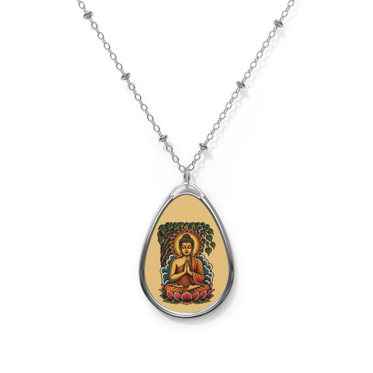 Buddha Oval Pendant Necklace — Spiritual Lotus Meditation Jewelry