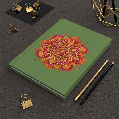 Journal Notebook, Hardcover Lined - Orange Boho Floral Mandala (green)