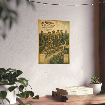 Poster, Art Print - Giraffes on Tandem Bicycles in a Maze