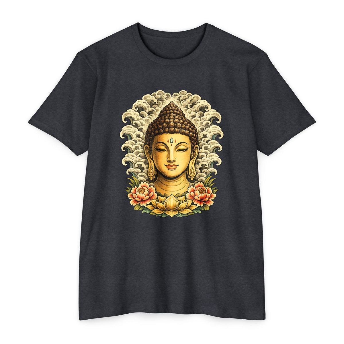 T-Shirt, Short Sleeve Boxy Crew Neck - Buddha Head Floral