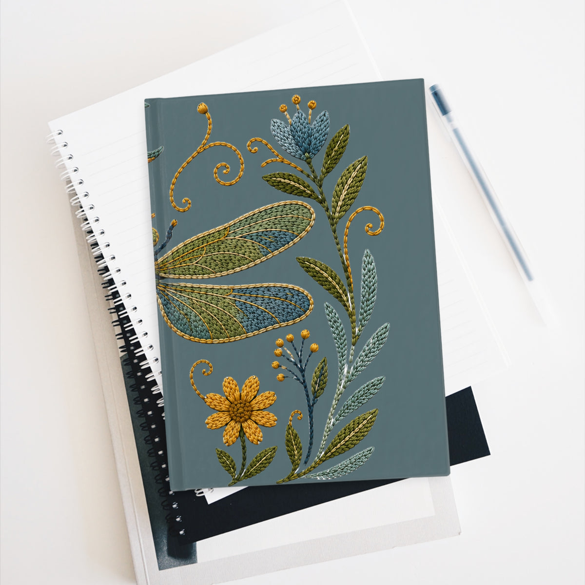 Journal Notebook, Hardcover Blank - Embroidered Dragonfly Floral (blue-gray)
