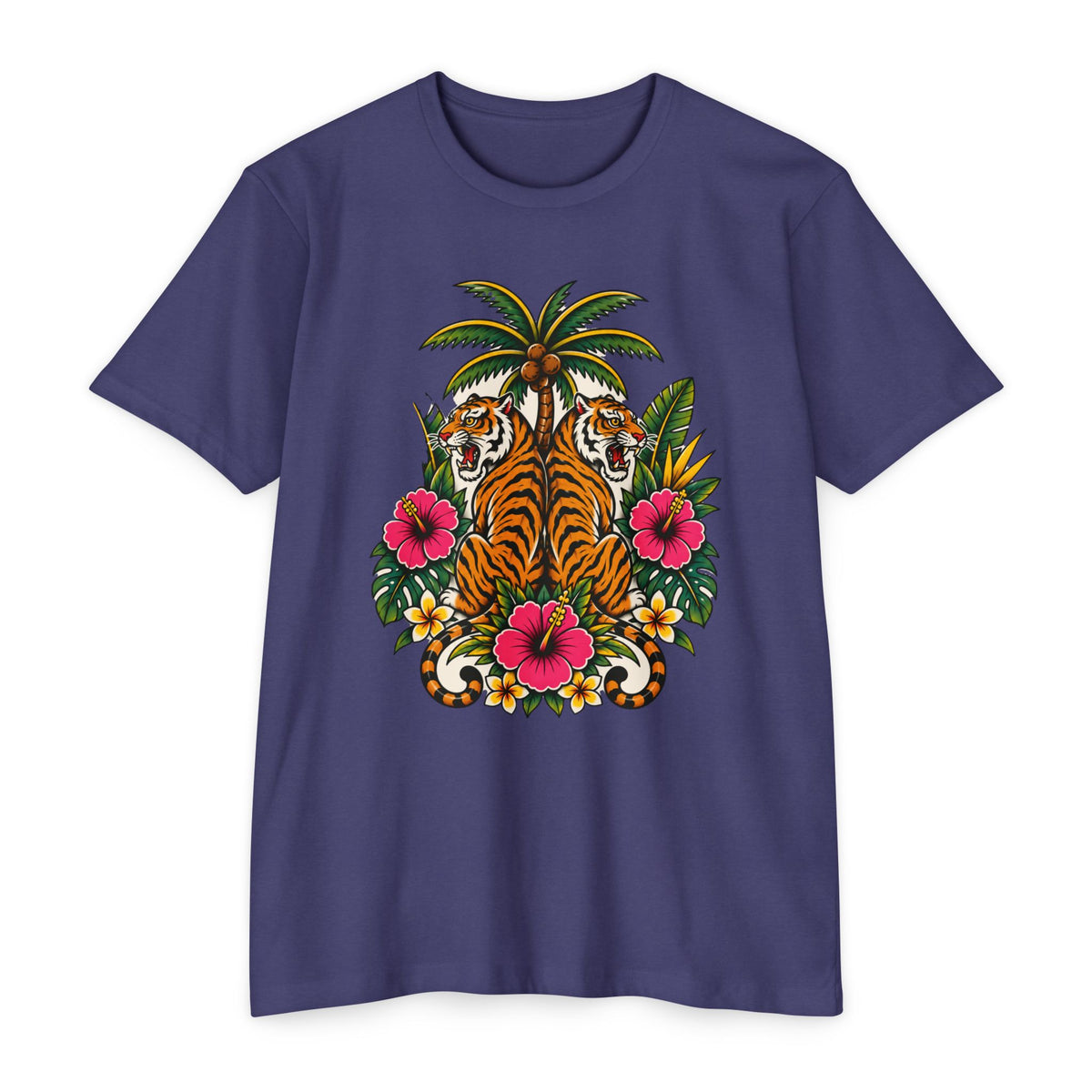 T-Shirt, Short Sleeve Boxy Crew Neck - Tiger Tiger Tropics Vintage Floral Palm