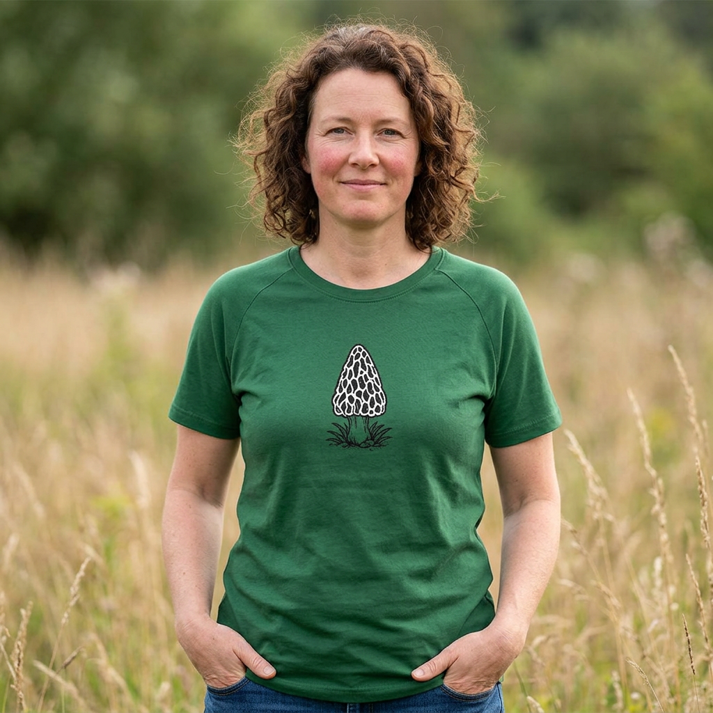 T-Shirt, Short Sleeve Wide Neck - Black & White Morel Mushroom