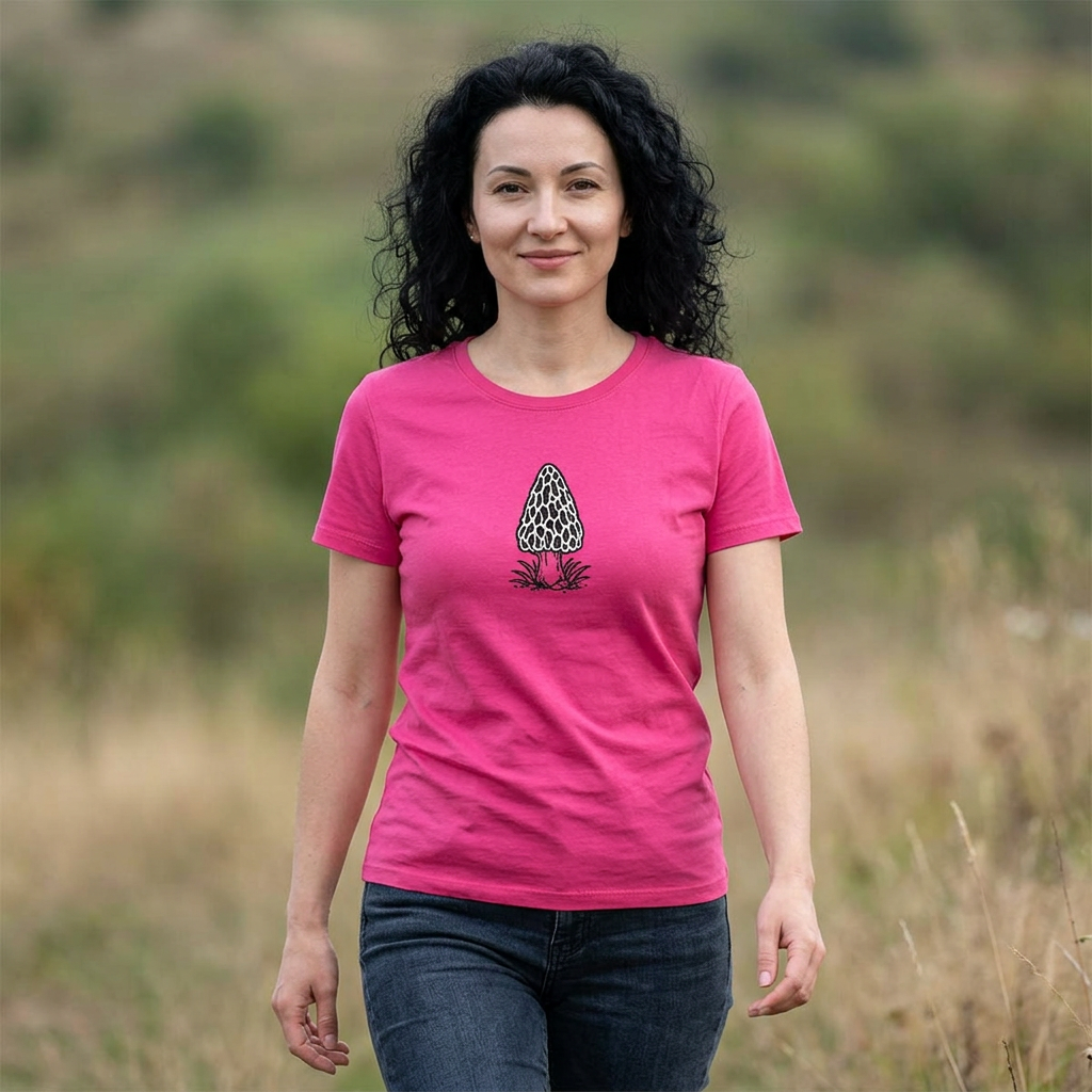 T-Shirt, Short Sleeve Wide Neck - Black & White Morel Mushroom