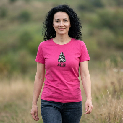 T-Shirt, Short Sleeve Wide Neck - Black & White Morel Mushroom
