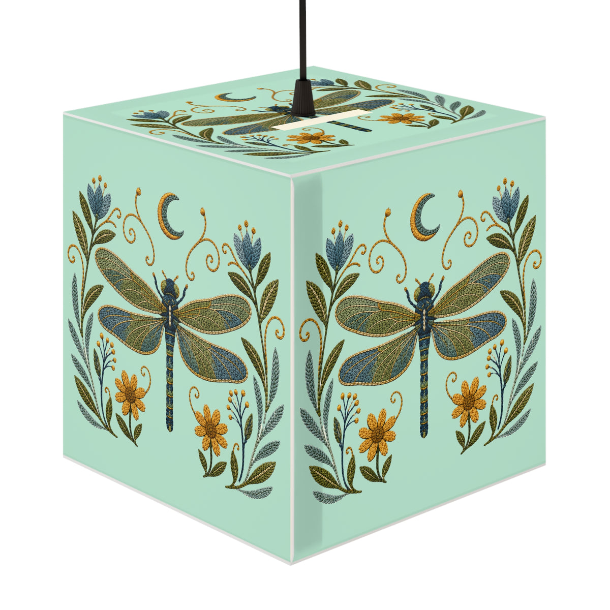 Cube Lamp, Decorative - Floral Dragonfly & Moon (light blue)