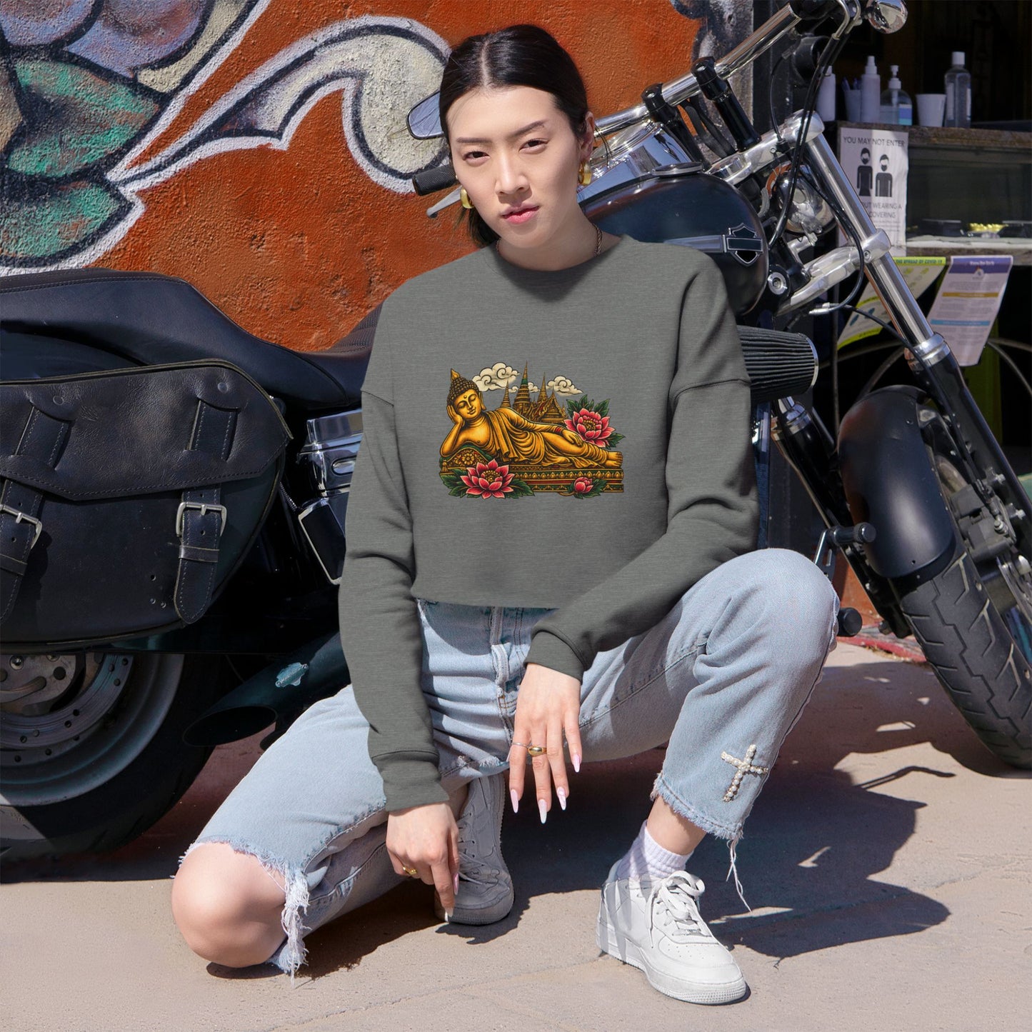 Recline with Buddha Cropped Long Sleeve T-Shirt