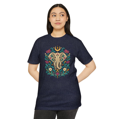 T-Shirt, Short Sleeve Boxy Crew Neck - Boho Indian-Inspired Elephant Floral