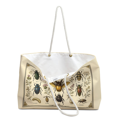 Vintage Entomology Weekender Bag — Botanical Beetle Print Travel Tote