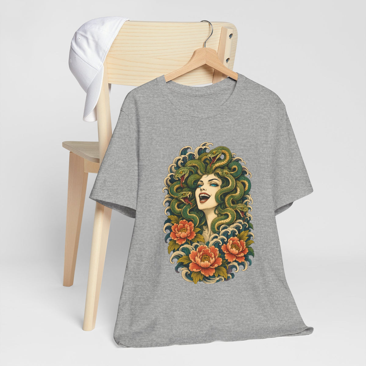 T-Shirt, Short Sleeve Wide Neck - Medusa Snake Hair Floral