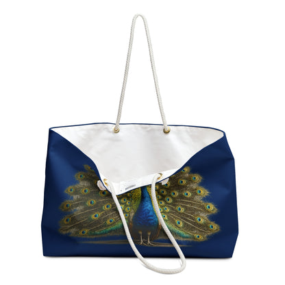 Peacock Feather Weekender Bag — Blue Travel Tote with Vibrant Peacock Design