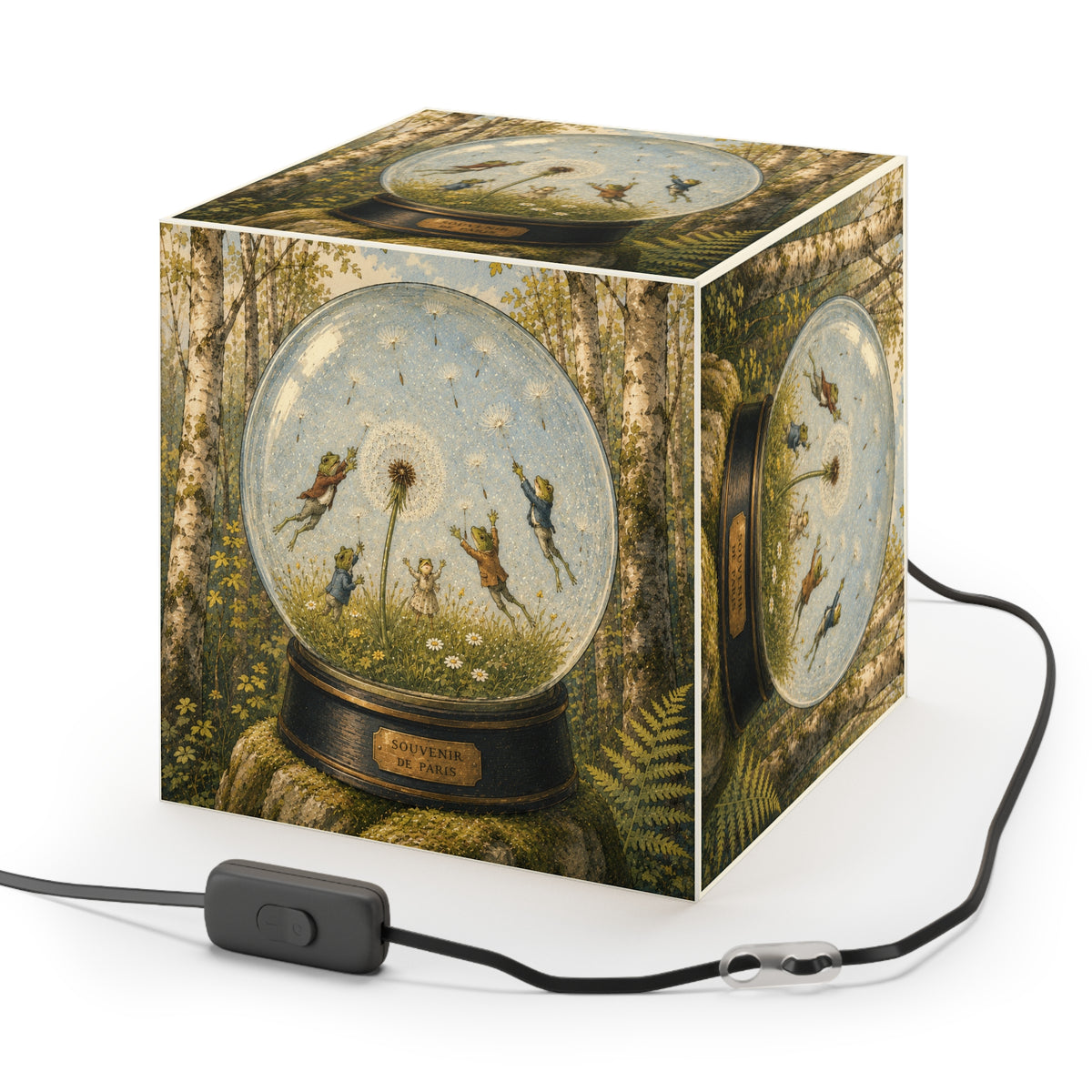 Frogs and Dandelions in a Snow Globe Cube Lamp