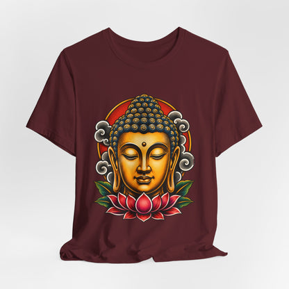 T‑Shirt, Short Sleeve Boxy Crew Neck - Golden Buddha Head with Lotus