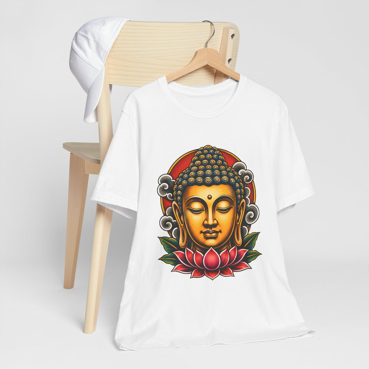T‑Shirt, Short Sleeve Boxy Crew Neck - Golden Buddha Head with Lotus