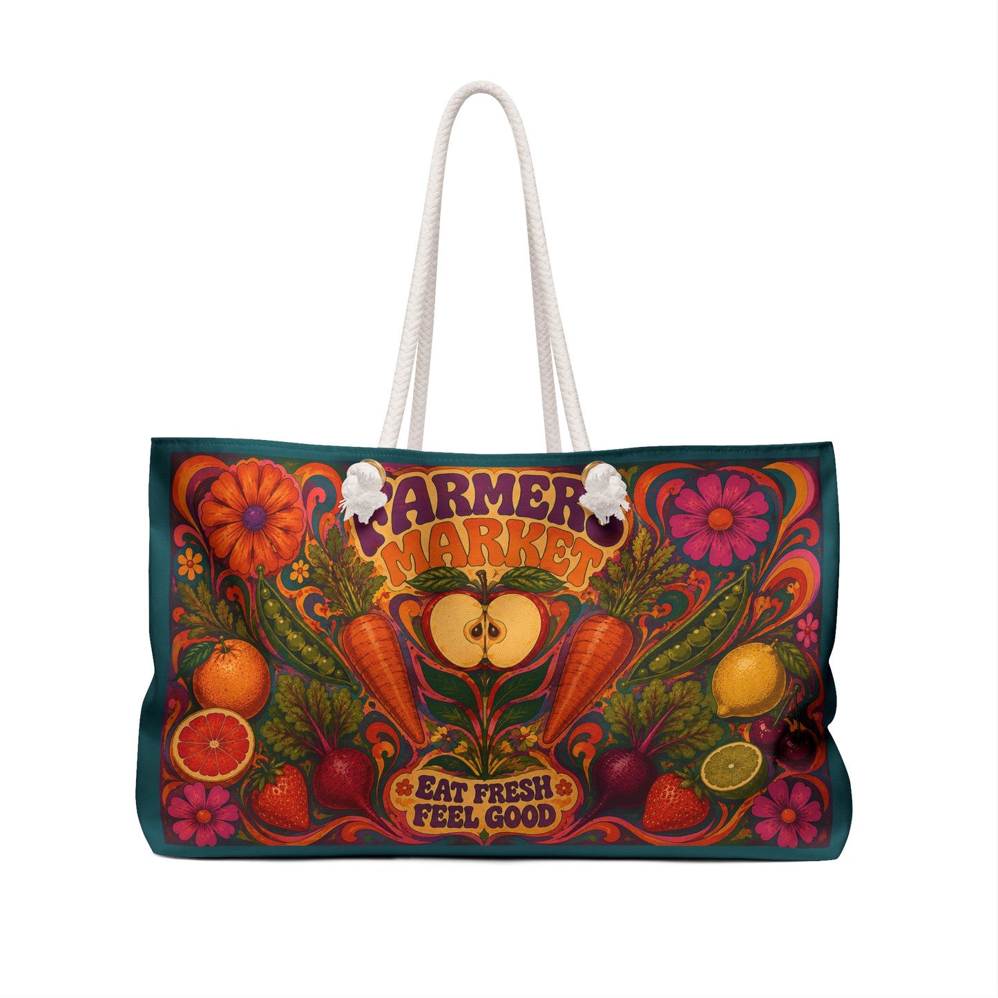 Farmer Market Weekender Bag — 'Eat Fresh Feel Good' Vintage Produce Travel Tote