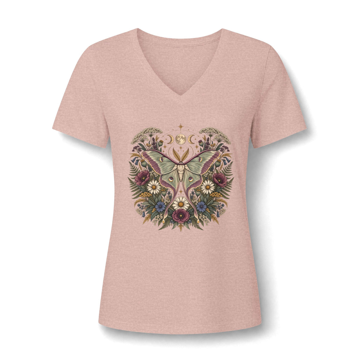 T-Shirt, Short Sleeve V-Neck Tee - Floral Heart & Moth