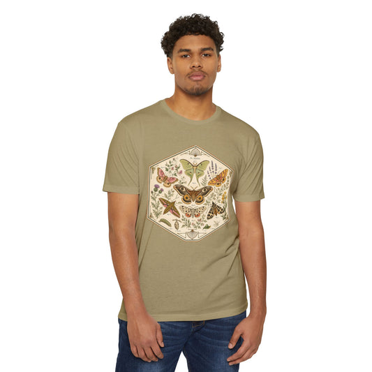 T-Shirt, Short Sleeve Boxy Crew Neck - Moth & Botanicals Hexagon Vintage Nature Illustration