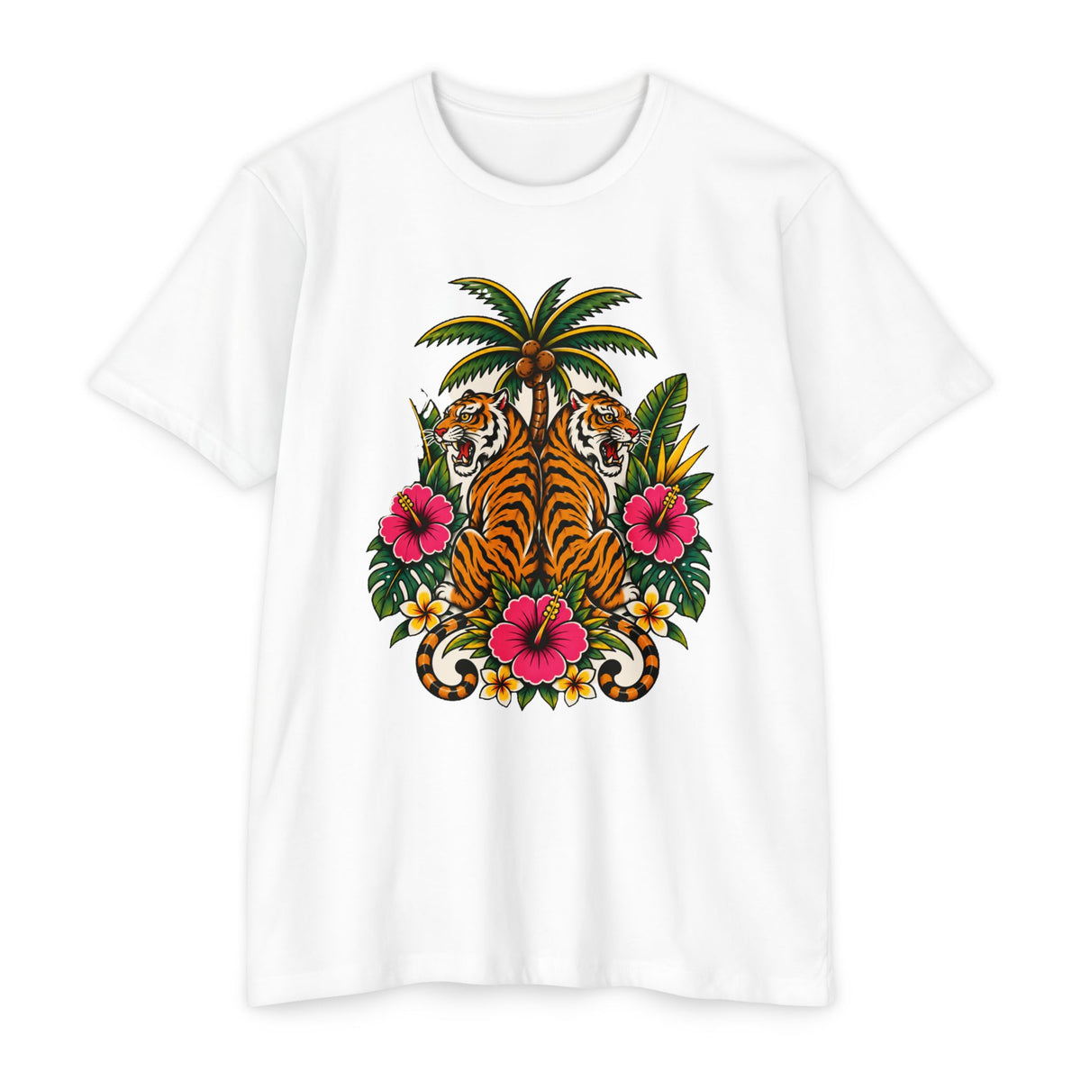 T-Shirt, Short Sleeve Boxy Crew Neck - Tiger Tiger Tropics Vintage Floral Palm
