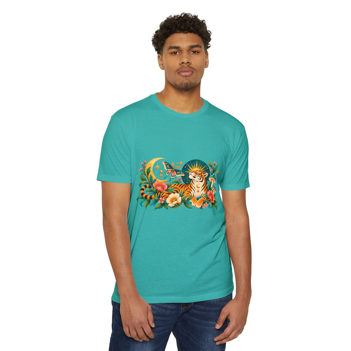 T-Shirt, Short Sleeve Boxy Crew Neck- Tiger Moon Celestial Floral