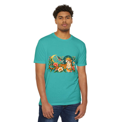 T-Shirt, Short Sleeve Boxy Crew Neck- Tiger Moon Celestial Floral