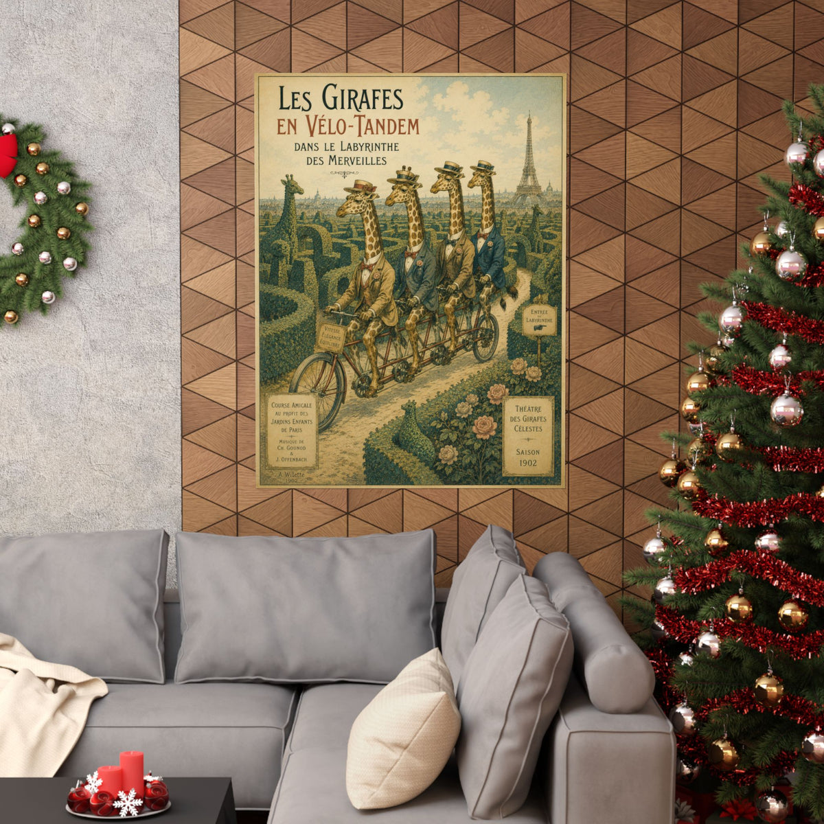 Poster, Art Print - Giraffes on Tandem Bicycles in a Maze