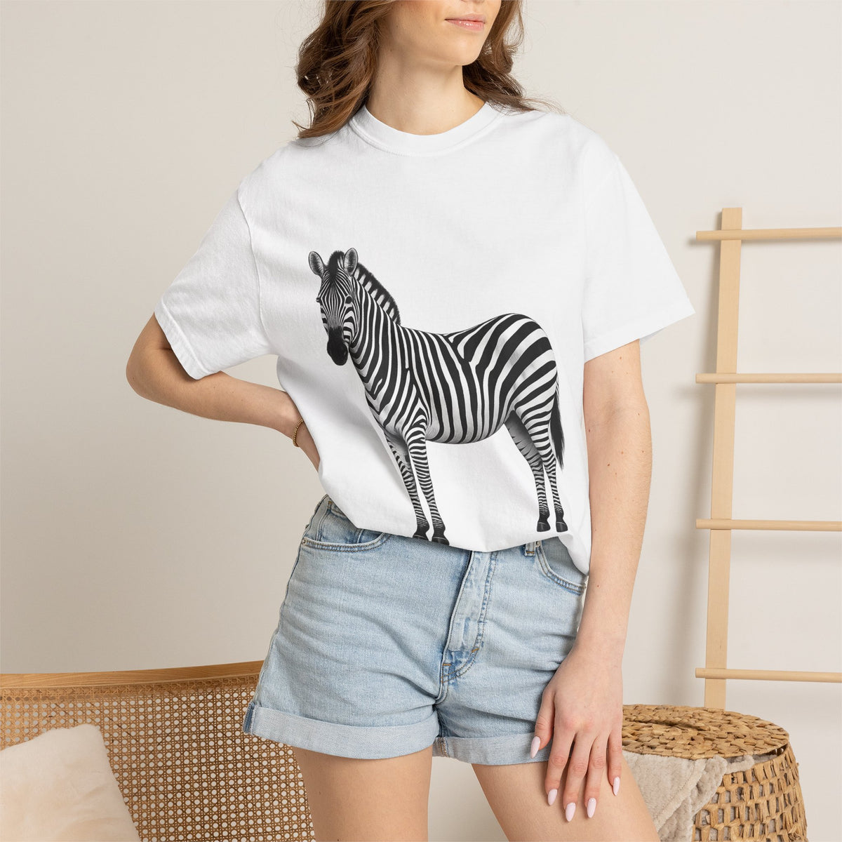 T-Shirt, Short Sleeve Boxy Crew Neck - Zebra Side View Standing