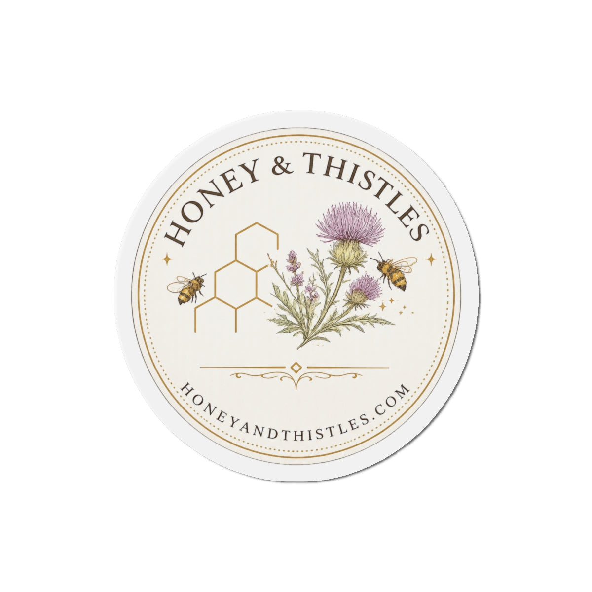 Honey & Thistles Round Die-Cut Magnet – Floral Bee Logo Refrigerator Magnet